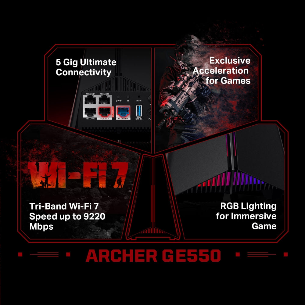 TP-Link Archer GE550 BE9300 Tri-Band Wi-Fi 7 Gaming Router Black